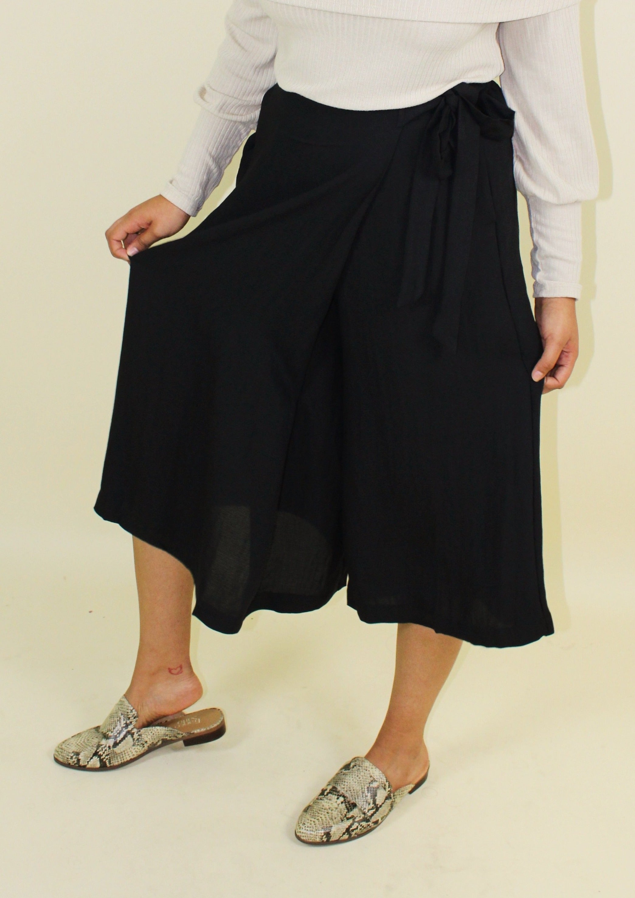 Black Split-Skirt Overlay Trouser with adjustable tie